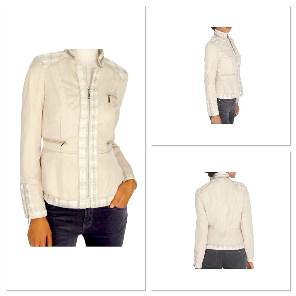 White House Black Market Snow Tweed Jacket White Peplum Moto Women 8 Full Zip
